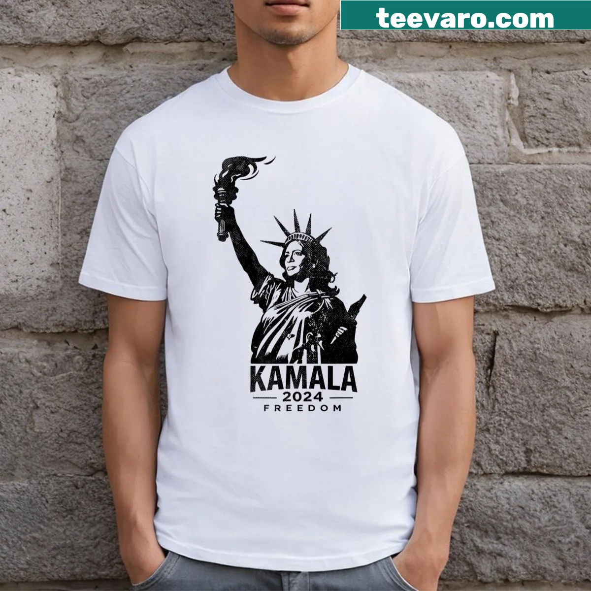 T-shirt featuring Lady Liberty and Kamala Harris for Freedom campaign. — on a men's t-shirt