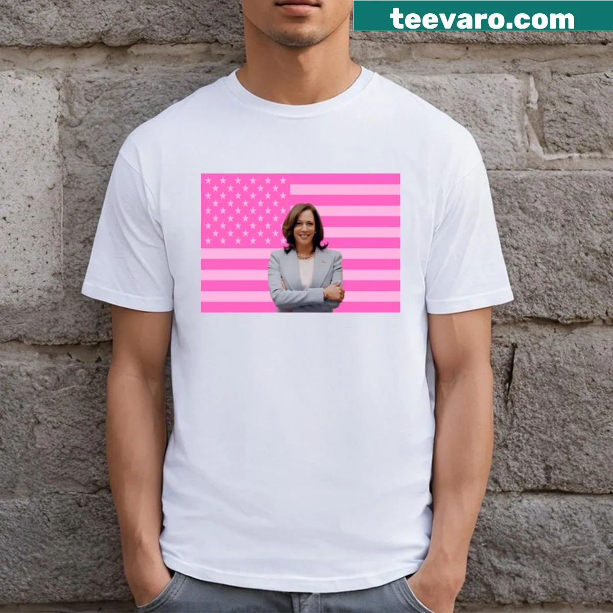 Kamala Harris T-shirt with illustrated pink American flag — on a men's t-shirt