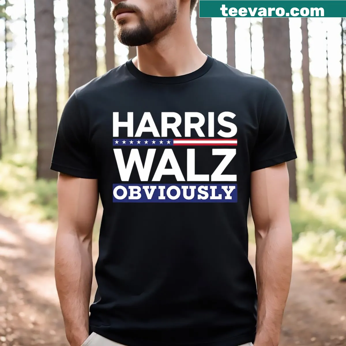 Kamala Walz Obviously 2024 Election T-shirt with bold text — on a men's t-shirt