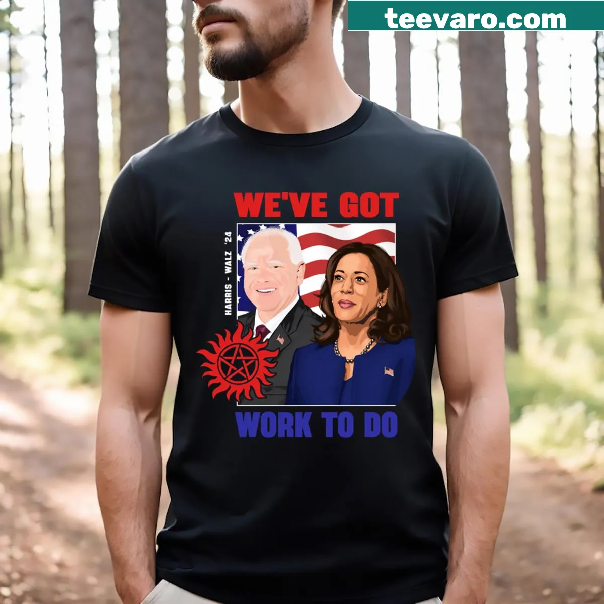 Kamala Walz Spn Sq T-shirt with bold lettering — on a men's t-shirt