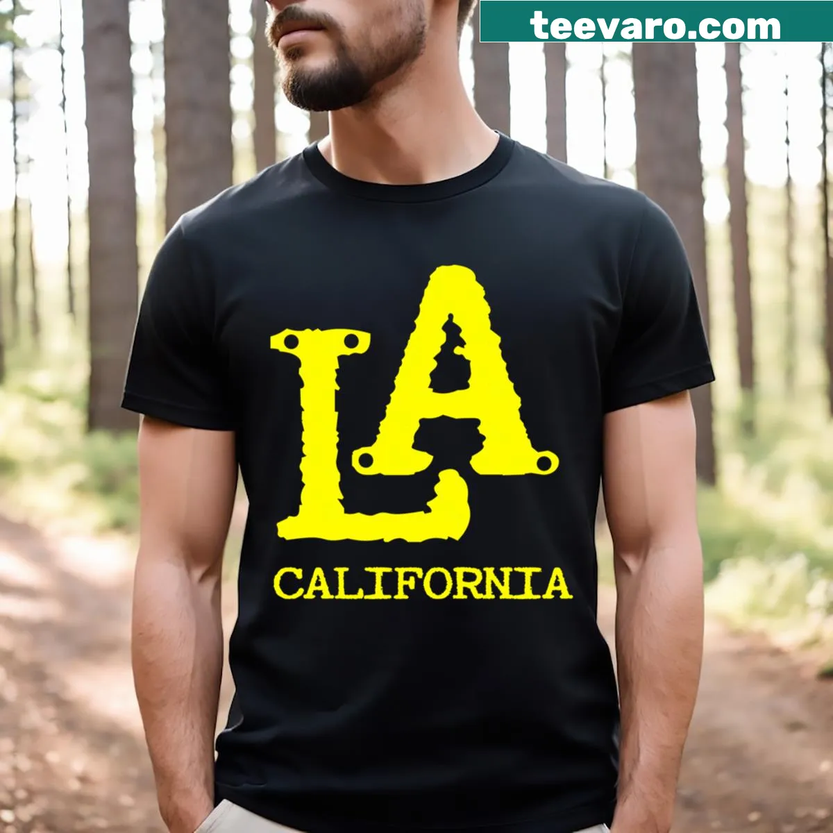 T-shirt celebrating California with bold graphics — on a men's t-shirt