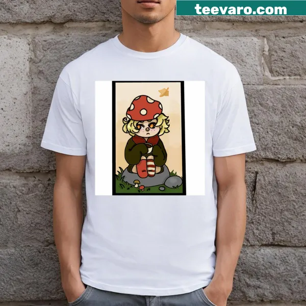 Whimsical shirt featuring an illustration of a girl and mushrooms