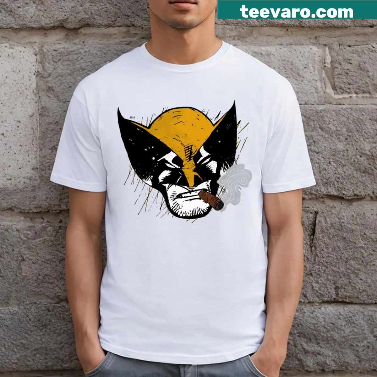 T-shirt featuring a cartoon graphic of a Logan mask — on a men's t-shirt