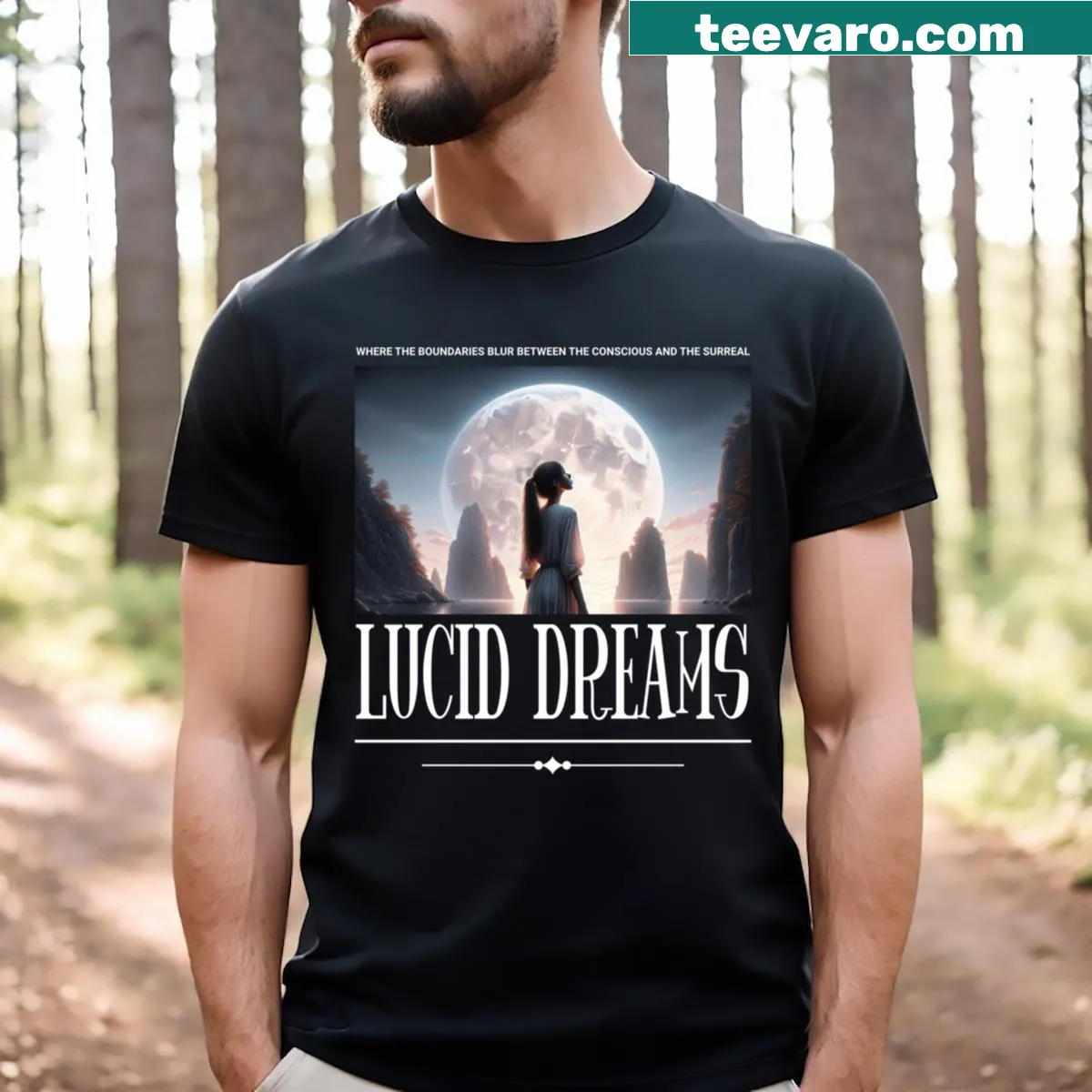 T-shirt featuring a girl under a full moon with dreamy clouds design — on a men's t-shirt