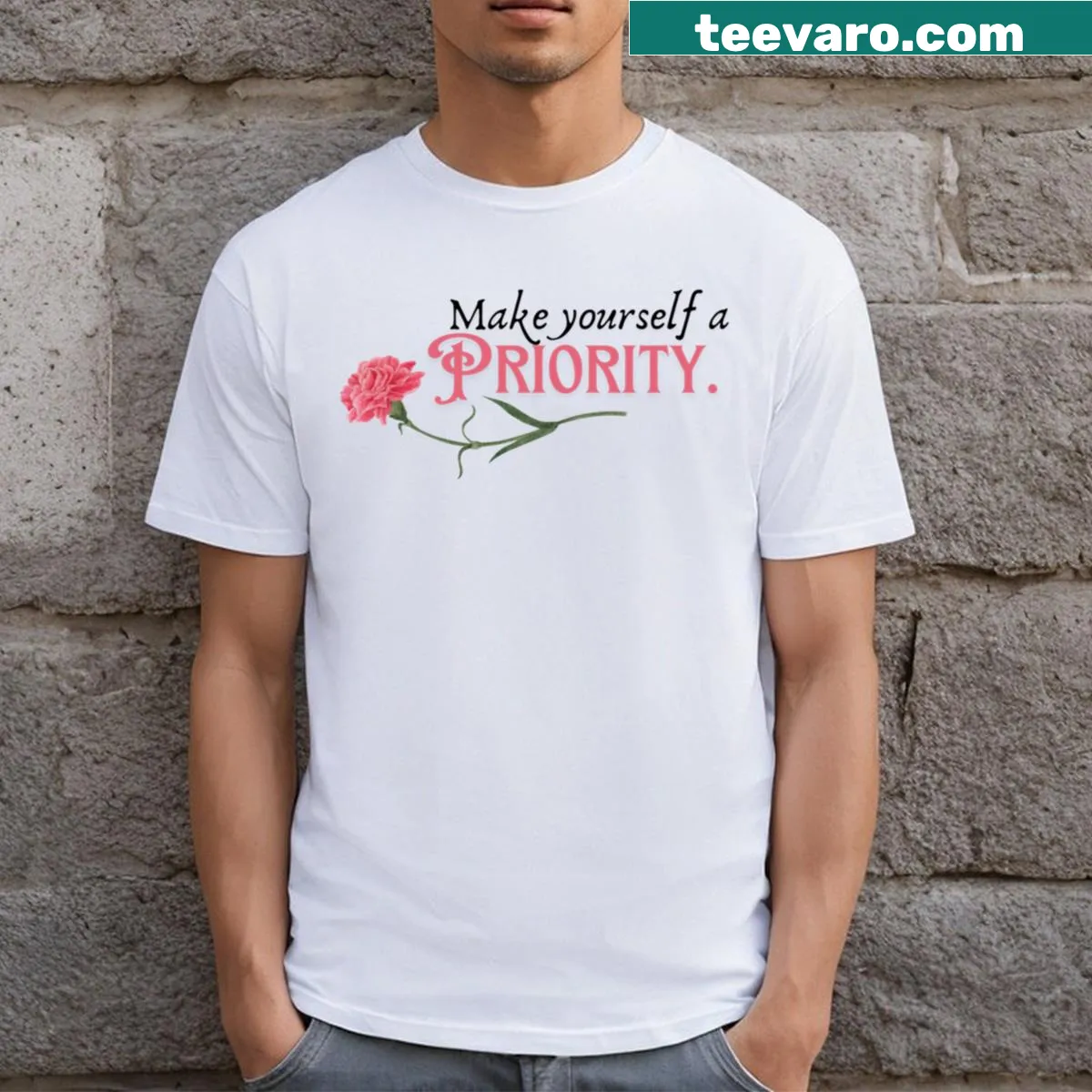 Empowering t-shirt with the phrase 'Make Yourself A Priority' in clean typography. — on a men's t-shirt