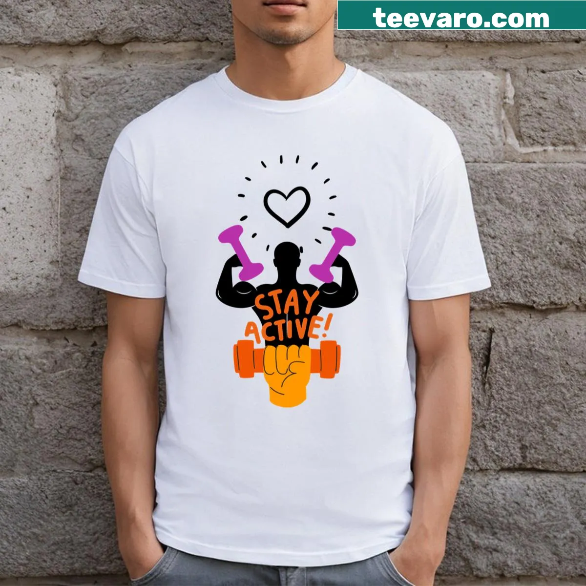 Graphic of a muscular man lifting weights on T-shirt. — on a men's t-shirt