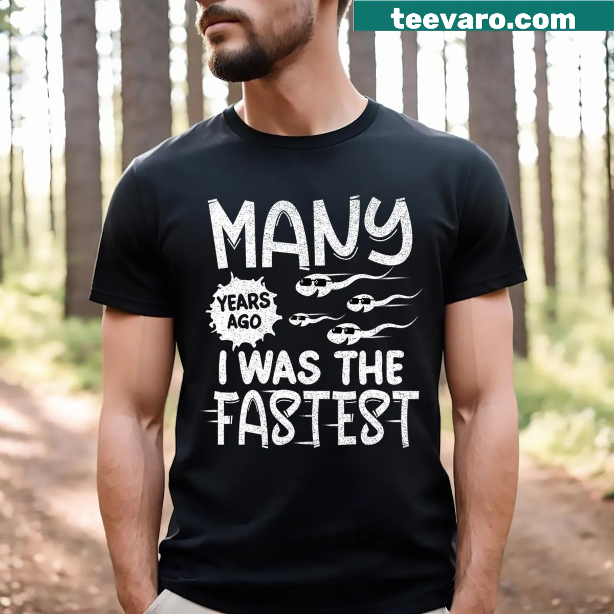 Nostalgic T-shirt with the phrase 'Many Years Ago I Was The Fastest' in a playful font. — on a men's t-shirt