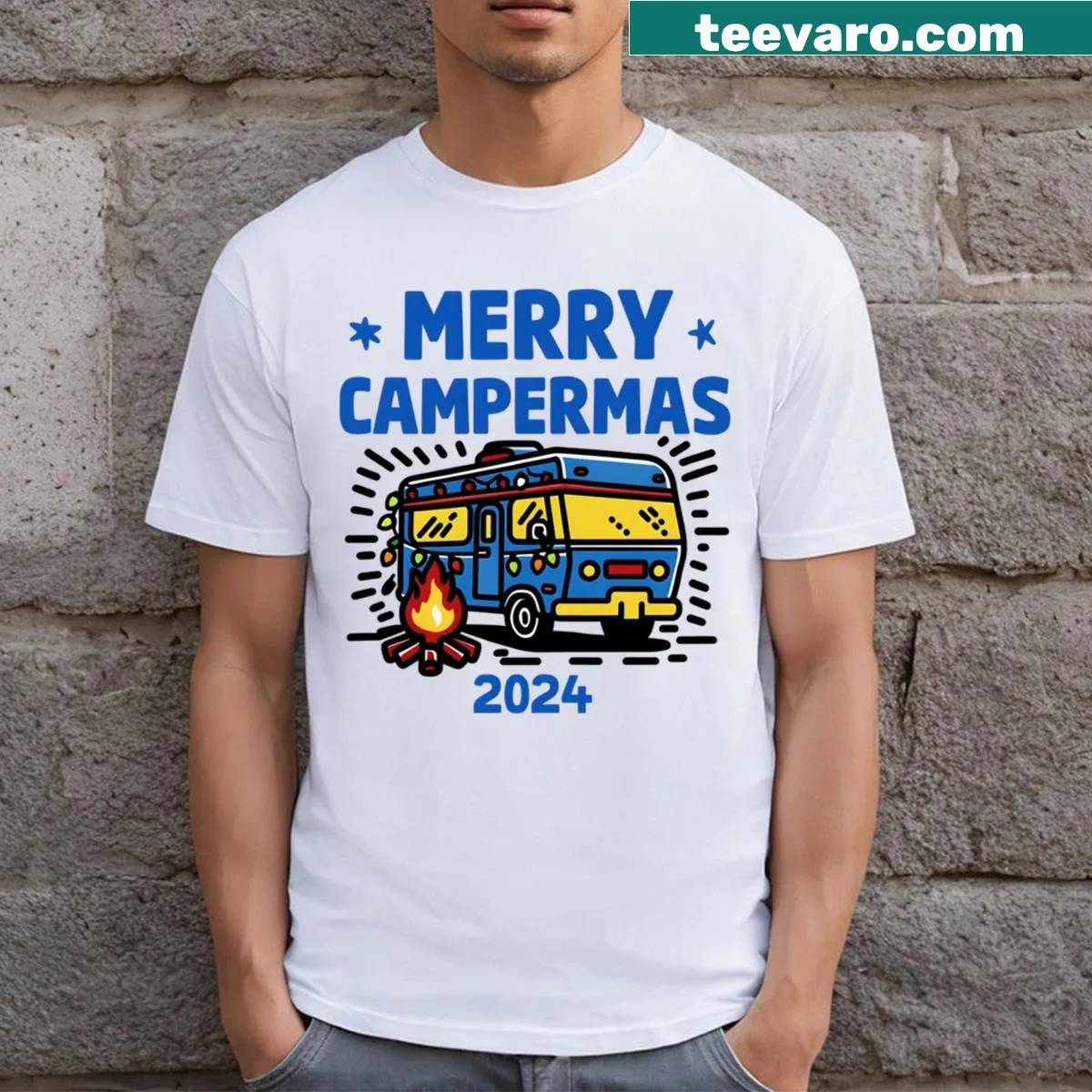 Camping-themed t-shirt designed for Christmas celebrations. — on a men's t-shirt