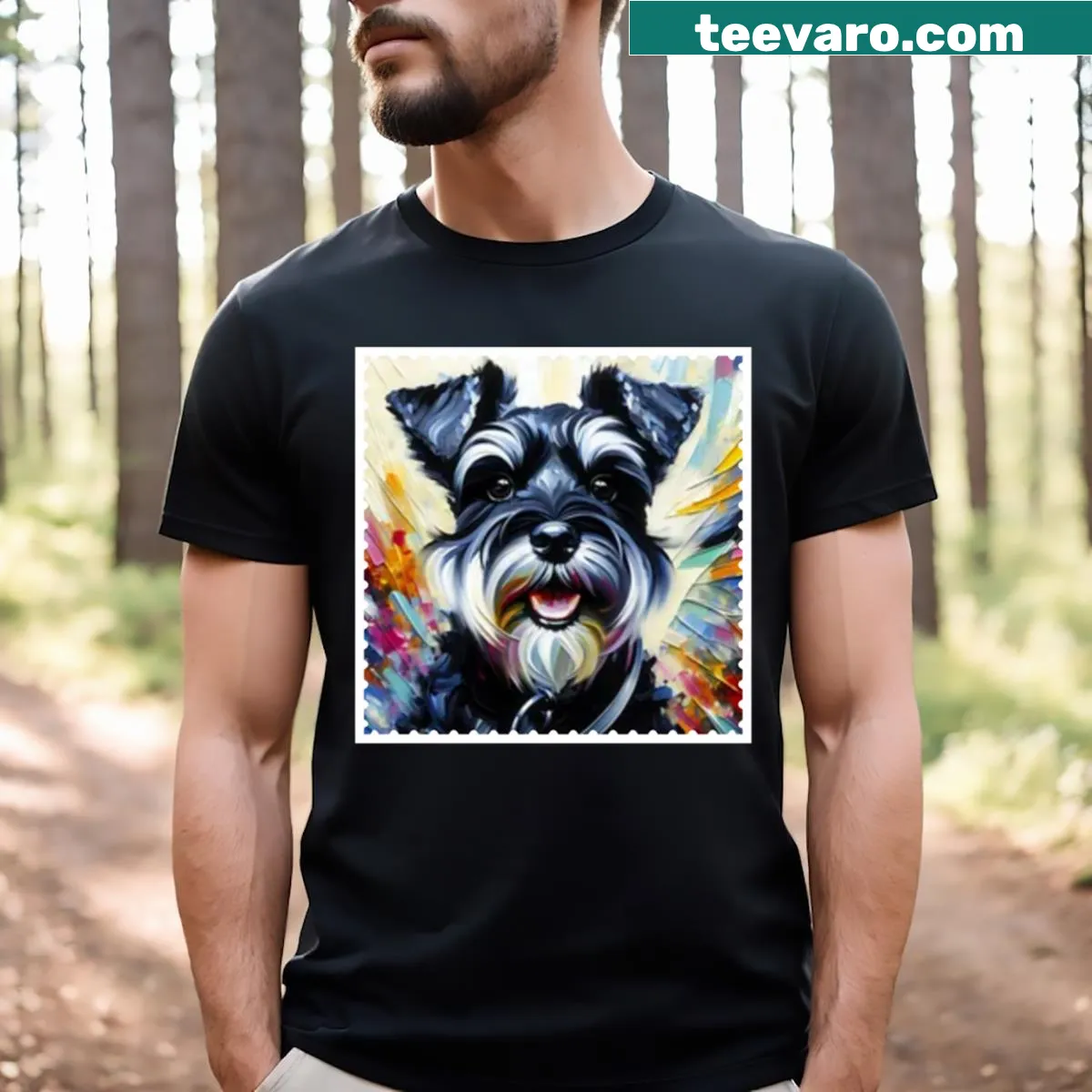 Realistic portrait of a black and silver Miniature Schnauzer on a tee — on a men's t-shirt