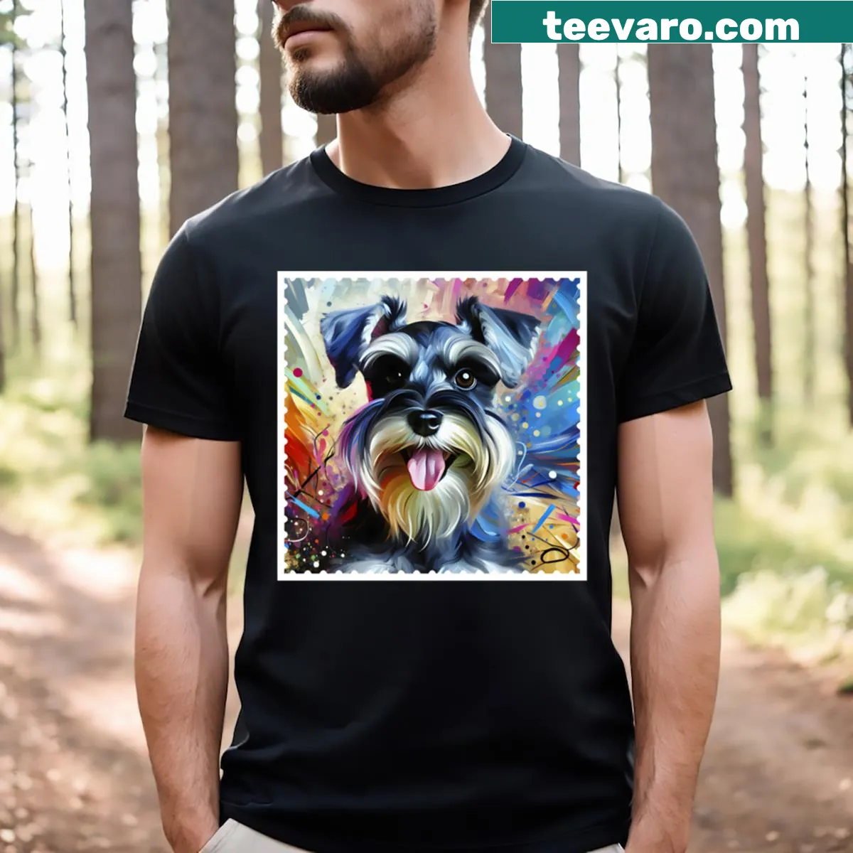Stylish tee featuring a salt and pepper Miniature Schnauzer portrait — on a men's t-shirt