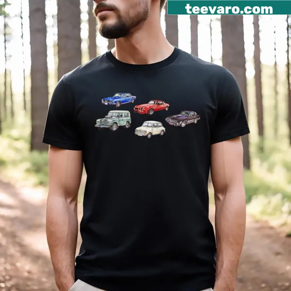 Vintage car illustration T-shirt featuring multiple classic vehicles