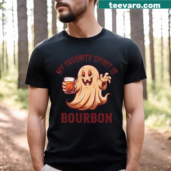 Typographic design stating 'My Favorite Spirit Is Bourbon' on a T-shirt