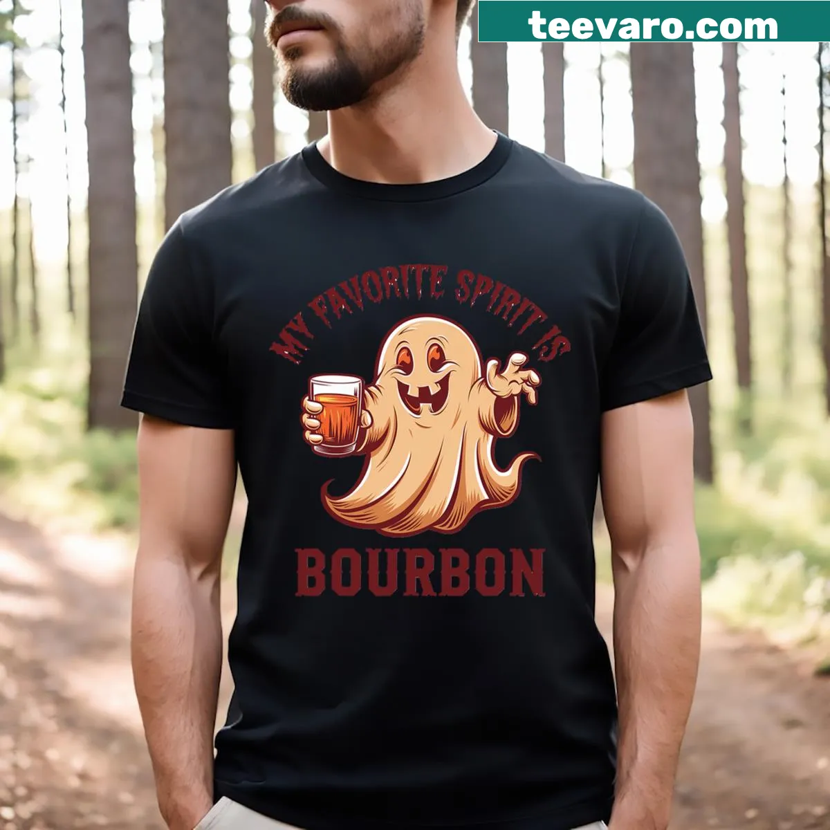 Typographic design stating 'My Favorite Spirit Is Bourbon' on a T-shirt — on a men's t-shirt