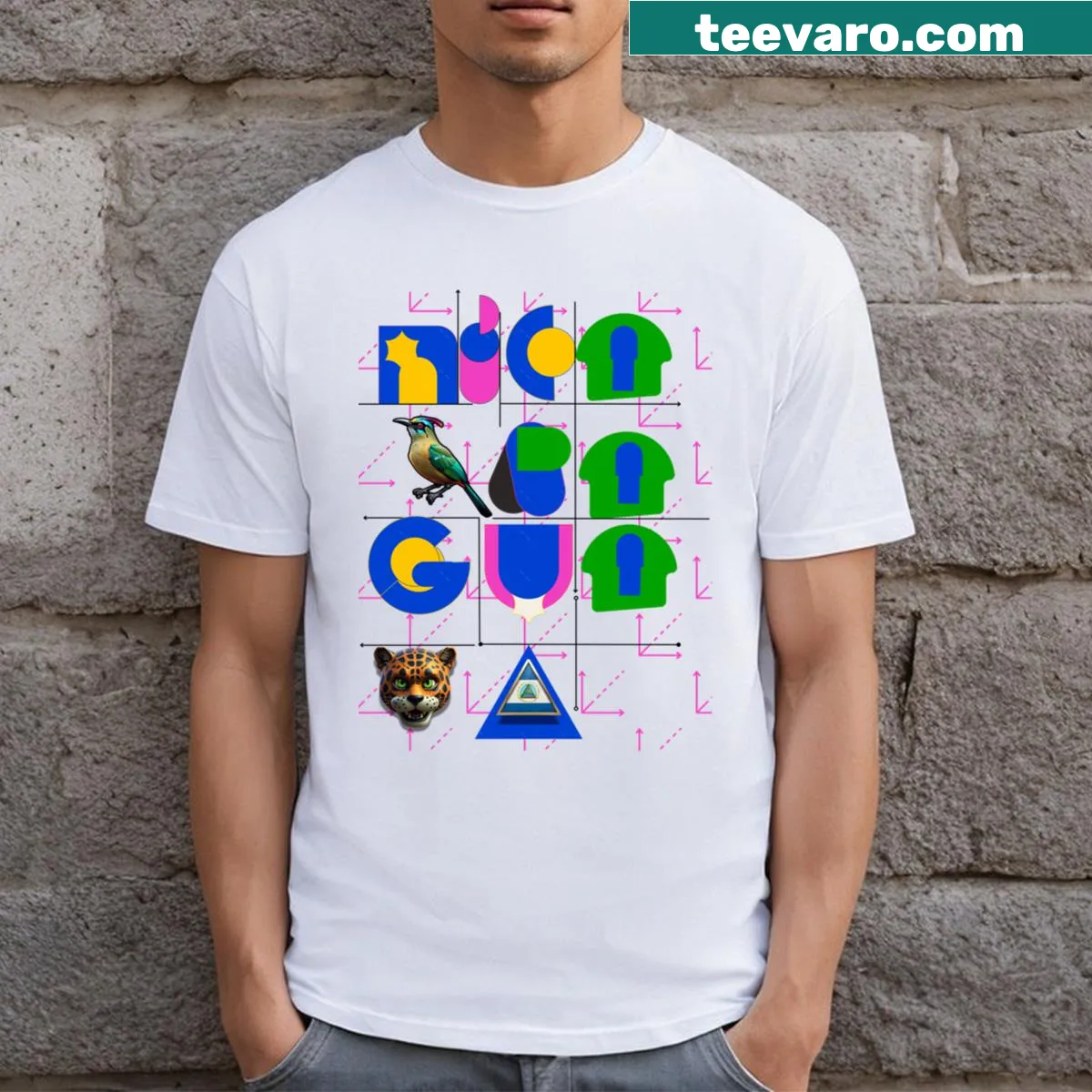 Line-art T-shirt featuring architectural schematics of Nicaragua — on a men's t-shirt