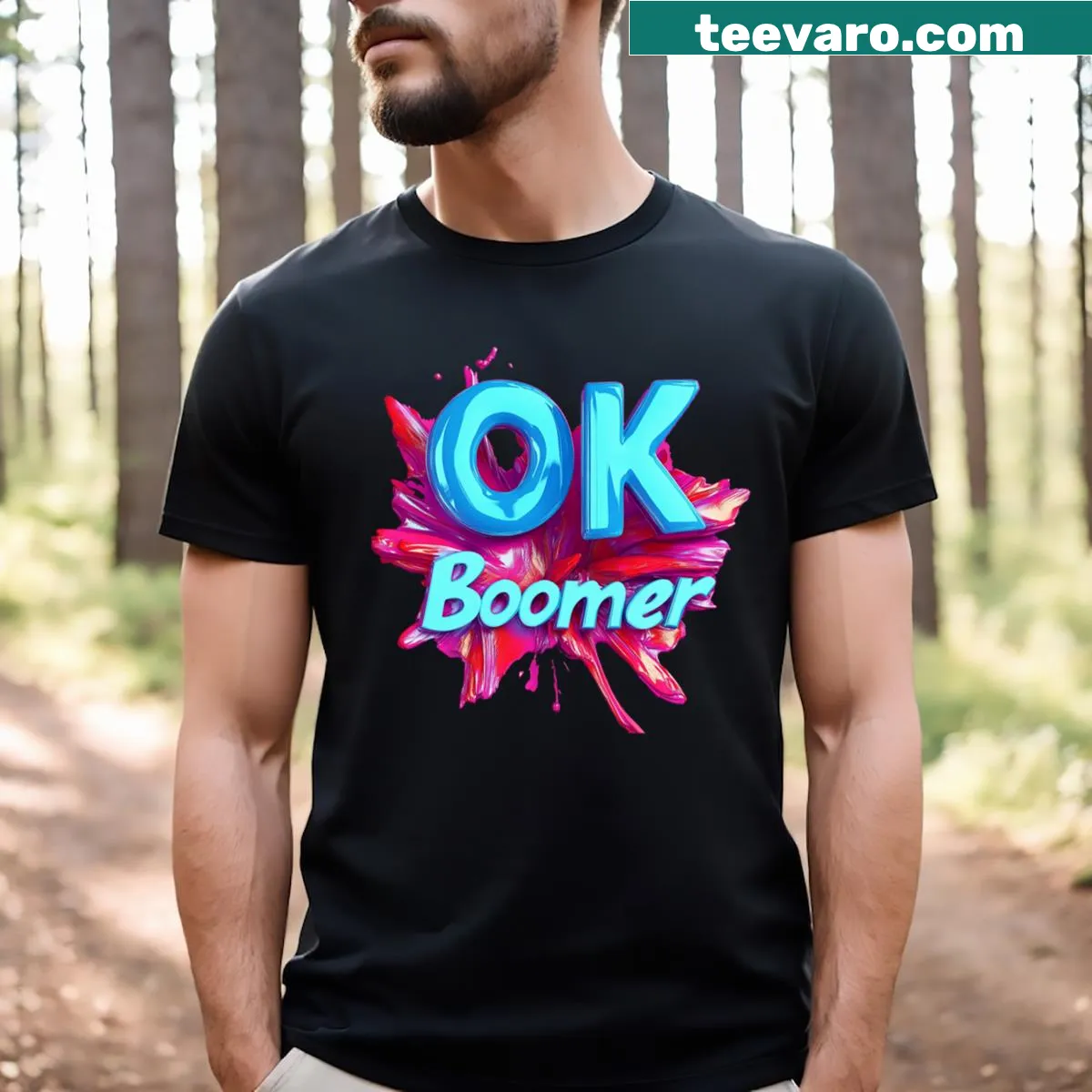 Sarcastic 'Ok Boomer' quote t-shirt with bold typography — on a men's t-shirt
