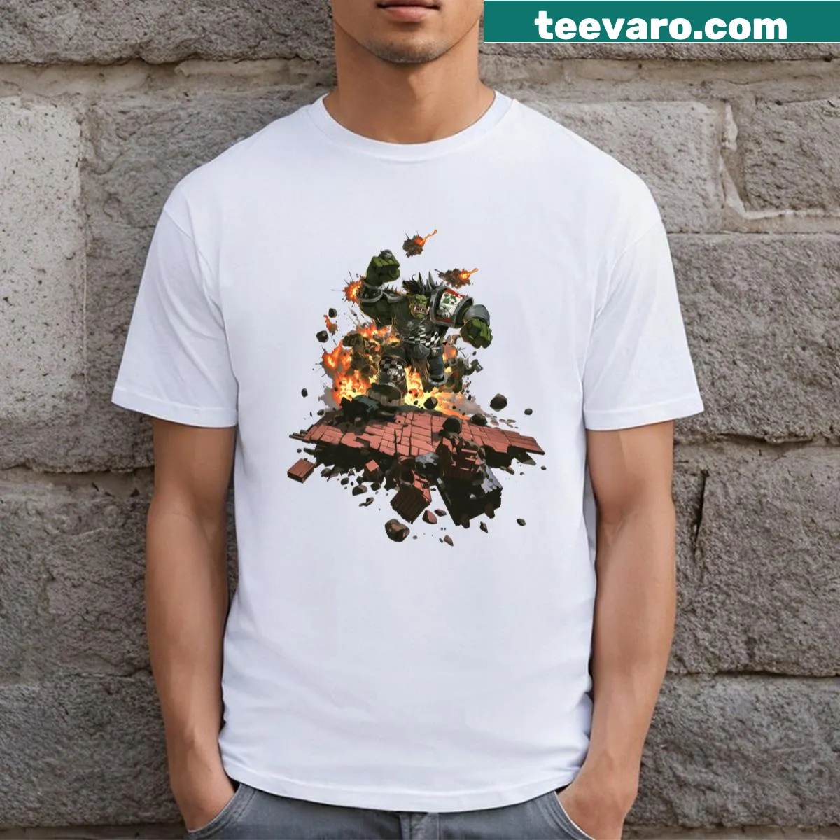 Dynamic illustration of an orc in action from Warhammer 40k — on a men's t-shirt