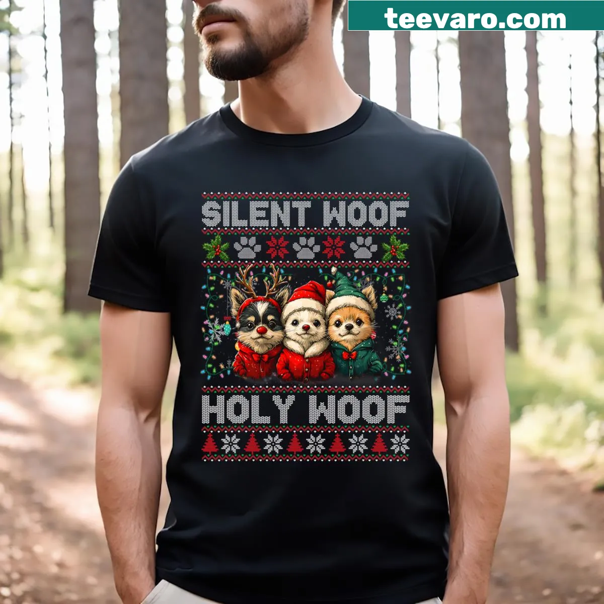 Cute T-shirt with a Papillon surrounded by Christmas tree lights — on a men's t-shirt