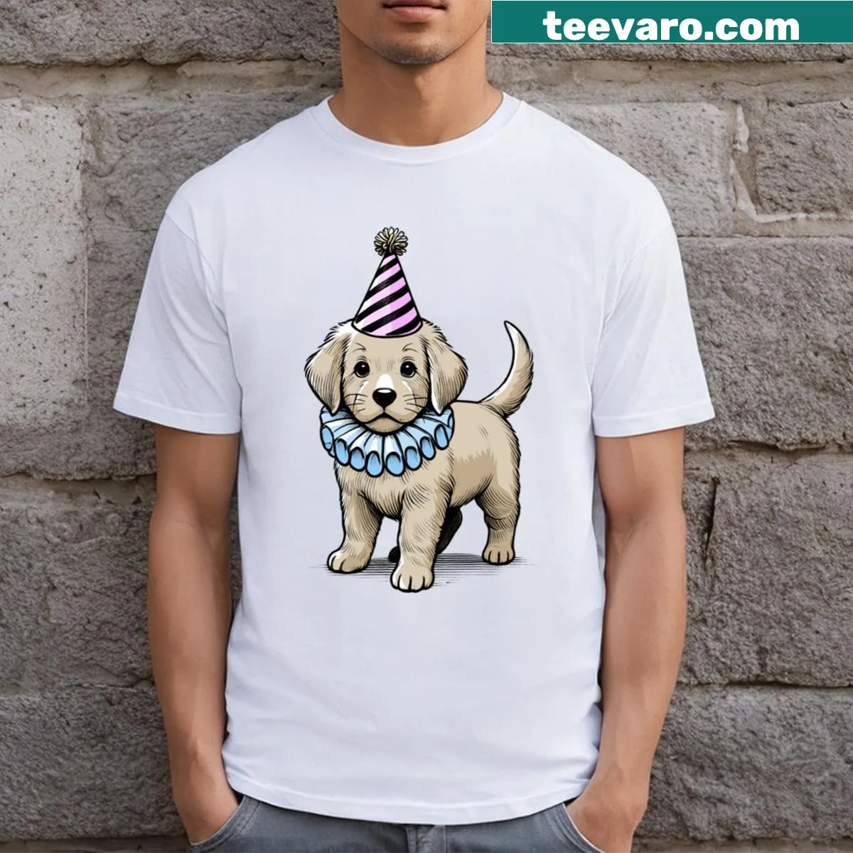 Funny T-shirt featuring a party dog illustration — on a men's t-shirt