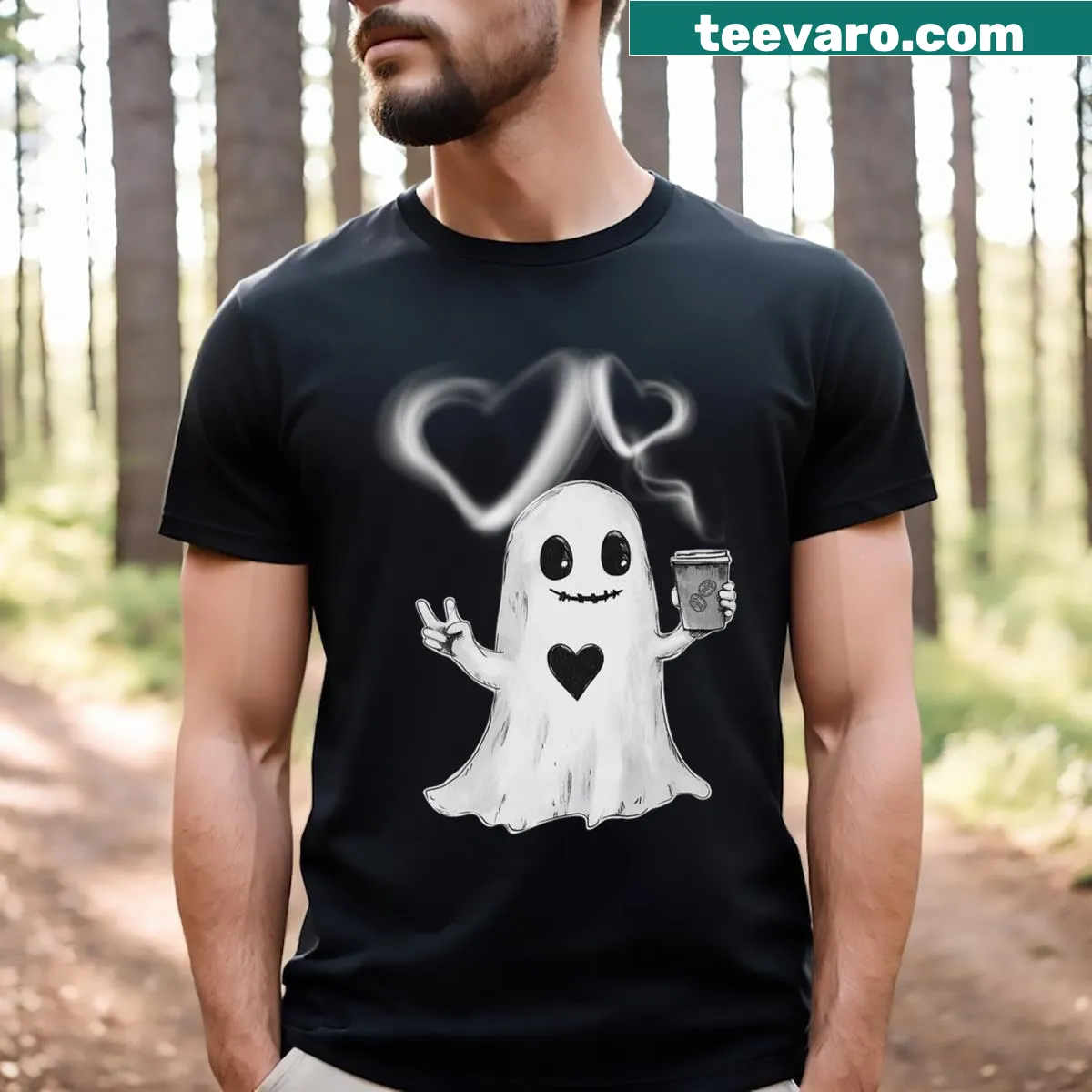 Cute peace love coffee t-shirt with Halloween theme — on a men's t-shirt