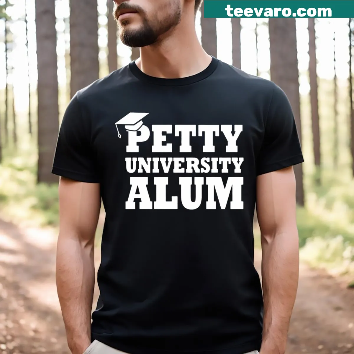 Collegiate style T-shirt with Petty University Alum text — on a men's t-shirt