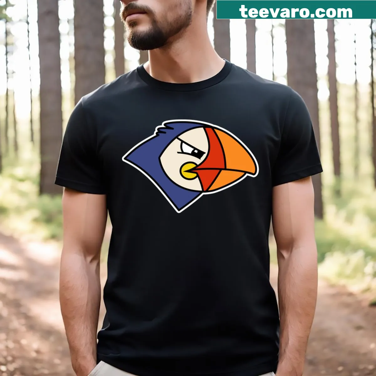 Puffins football logo design on an active T-shirt — on a men's t-shirt