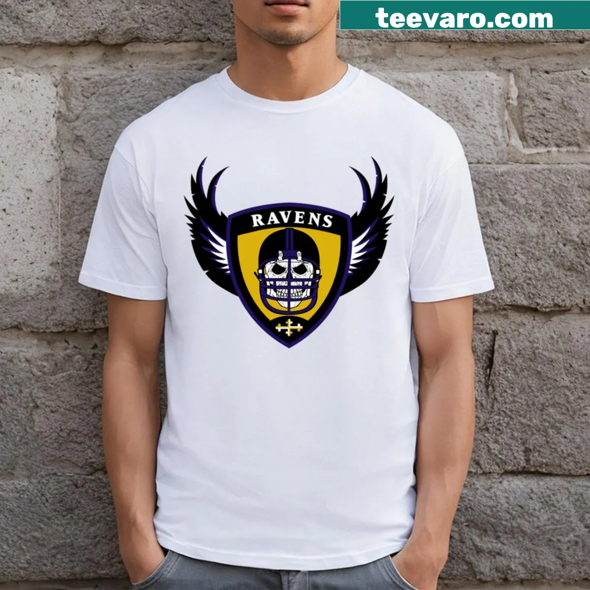 Ravens Skull T-shirt with gothic and skull graphic — on a men's t-shirt