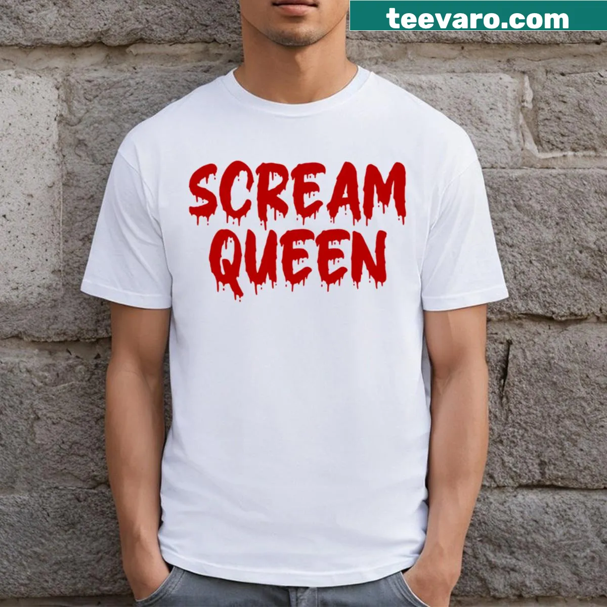 Bold 'Scream Queen' text with blood drip design on t-shirt — on a men's t-shirt