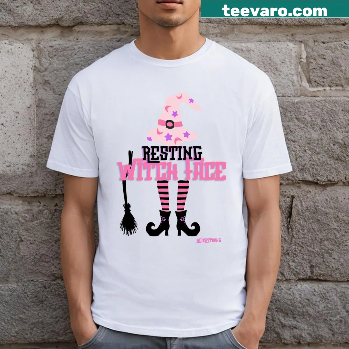 Cartoon witch on a broomstick with the text 'Resting Witch Face' t-shirt — on a men's t-shirt