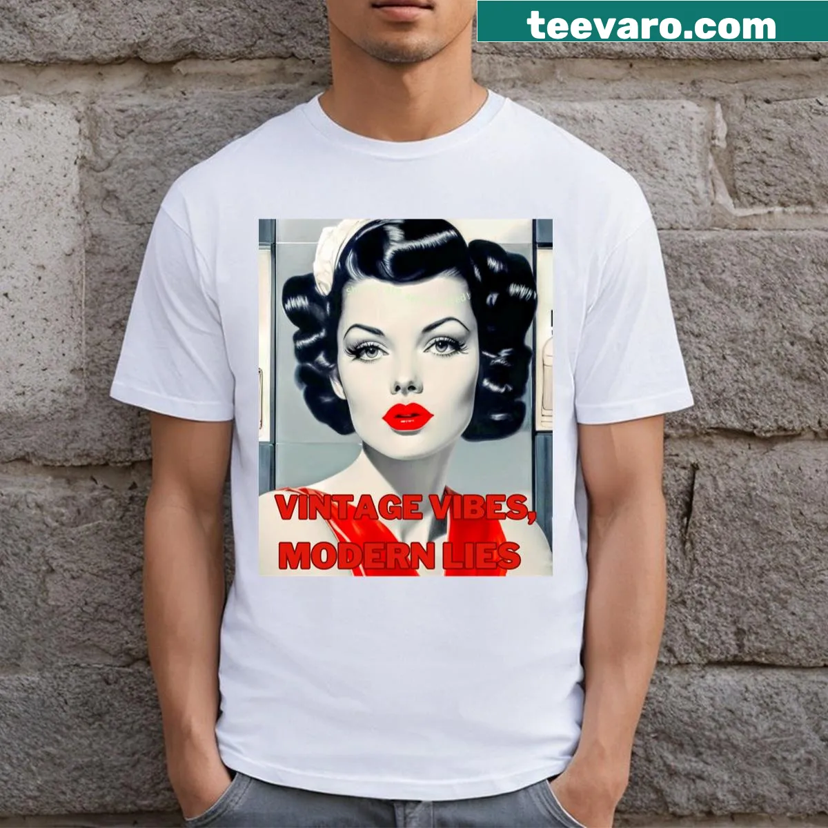 Vintage-style t-shirt featuring a brunette in a red dress with text — on a men's t-shirt