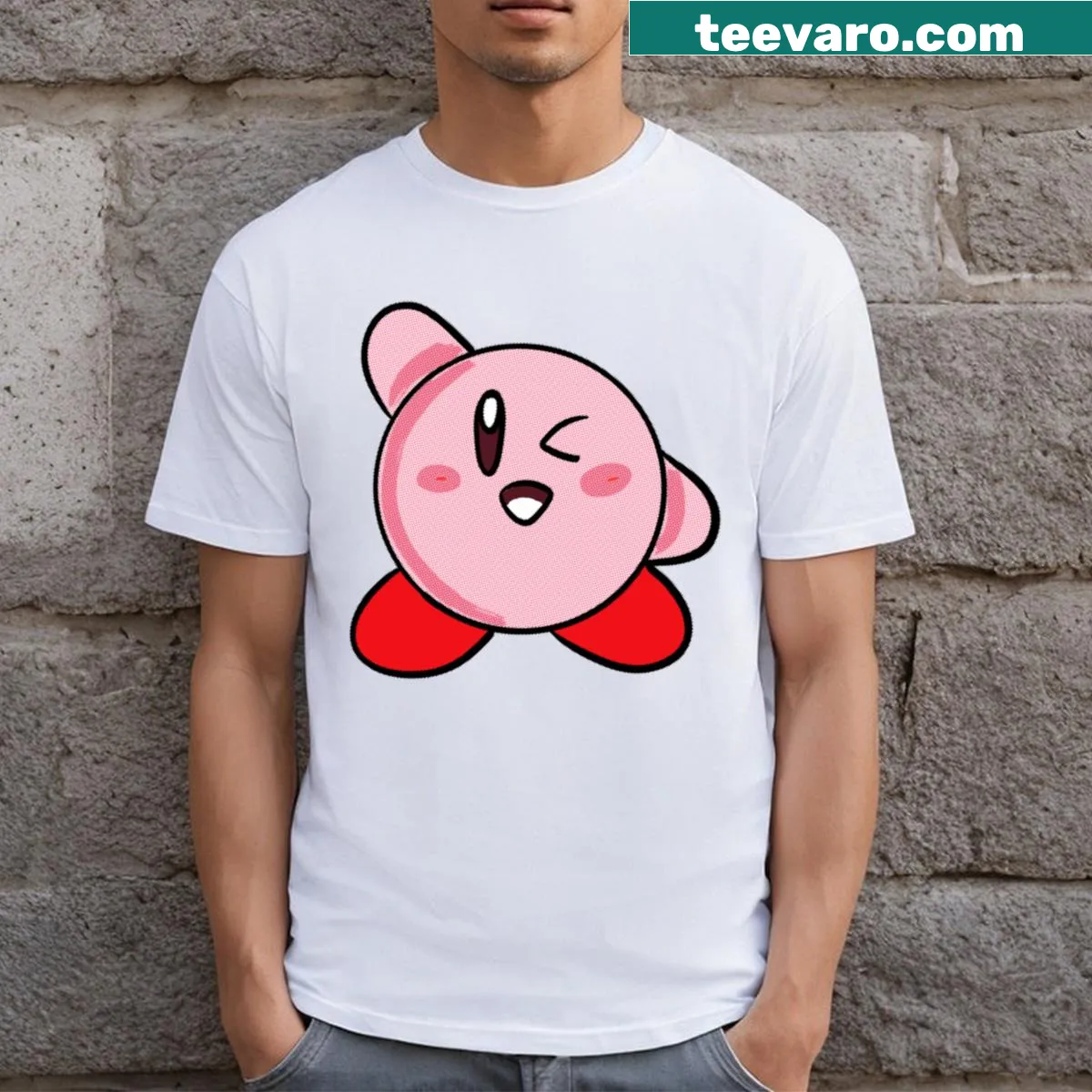 Retro-style t-shirt featuring the character Kirby from classic gaming — on a men's t-shirt
