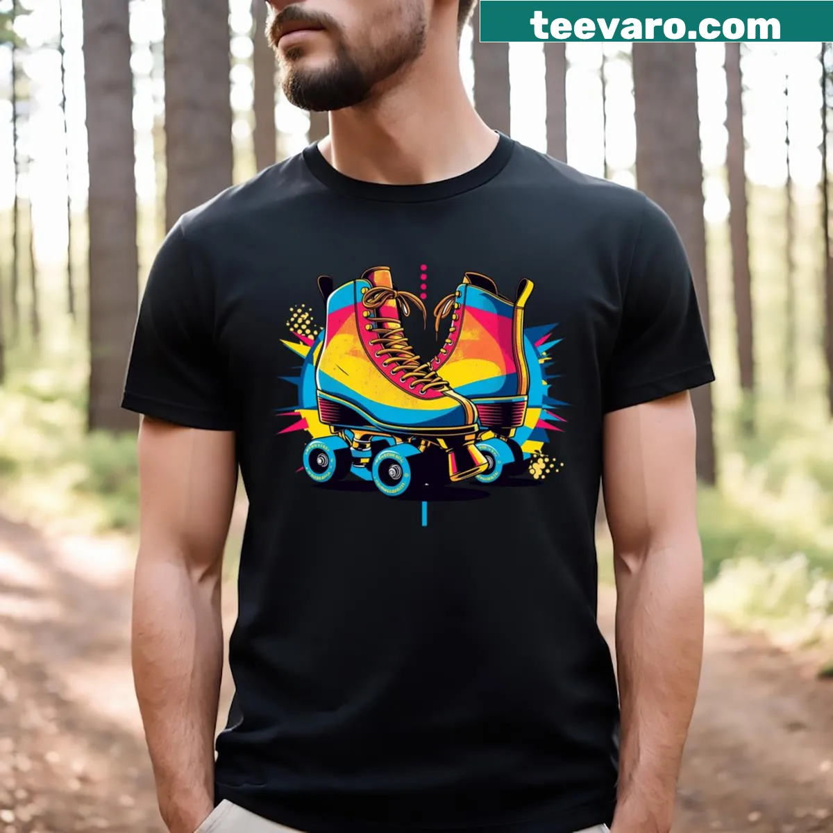 Retro t-shirt featuring colorful rainbow roller skates — on a men's t-shirt