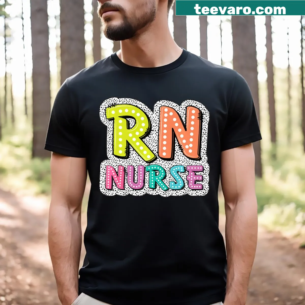 RN nurse t-shirt with dalmatian dots design — on a men's t-shirt