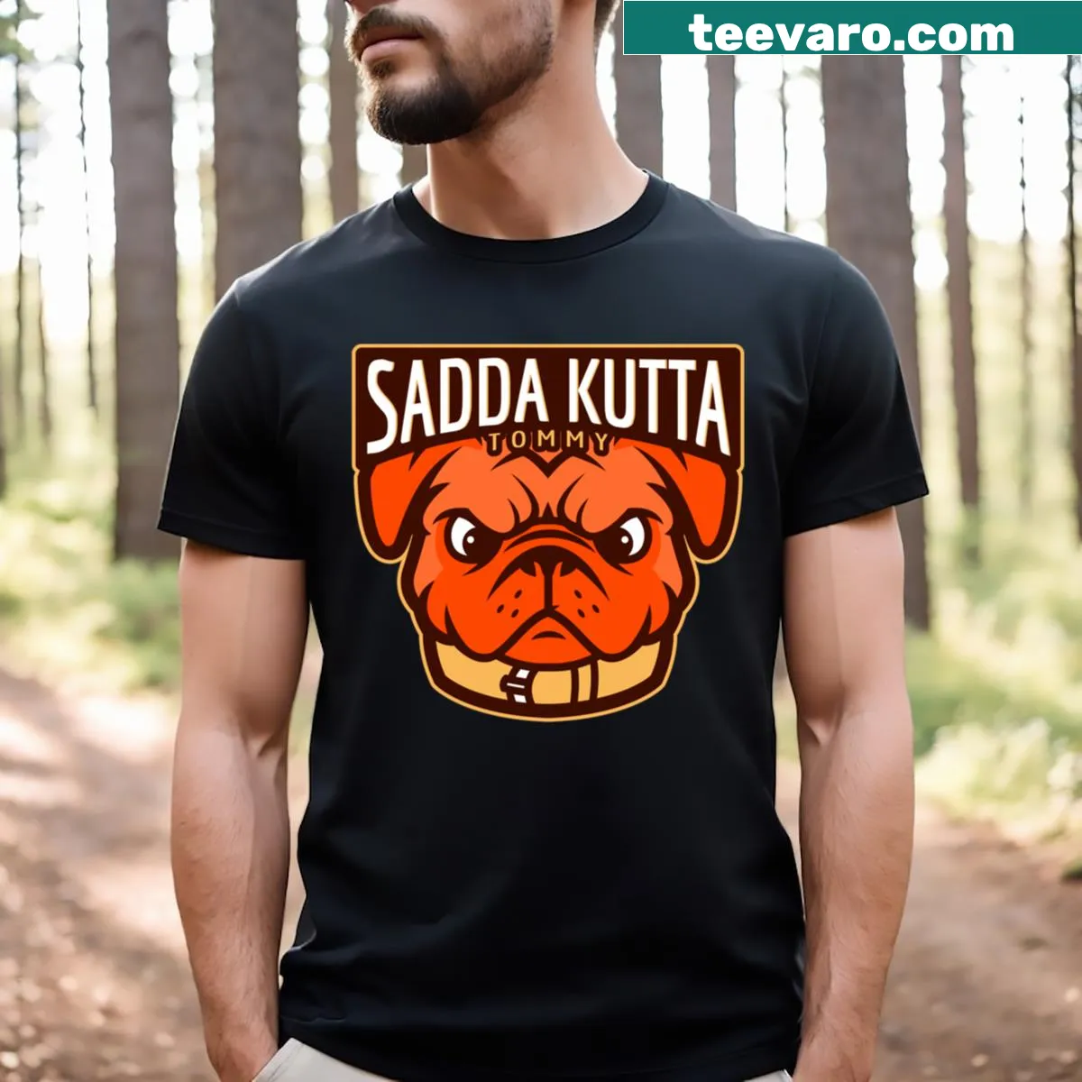 Humorous t-shirt with the phrase 'Sadda Kutta Tommy' in bold letters — on a men's t-shirt
