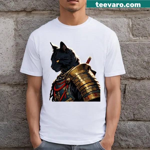 Whimsical cartoon of a samurai cat warrior on a T-shirt.