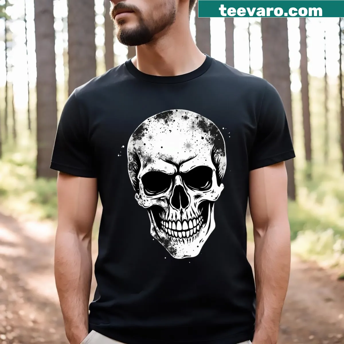 Grunge rock T-shirt featuring a skull face silhouette for Halloween. — on a men's t-shirt