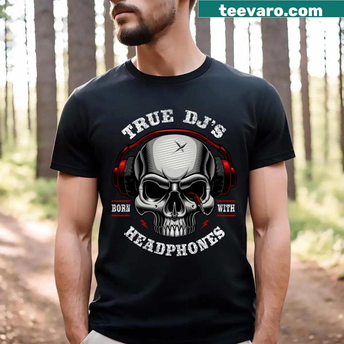Skull graphic wearing headphones on a t-shirt — on a men's t-shirt