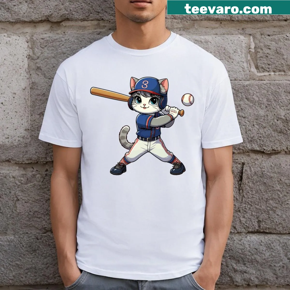 Illustration of a sporty cat dressed as a baseball player on a T-shirt. — on a men's t-shirt