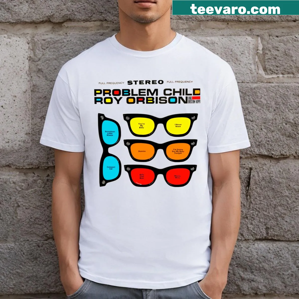 Pop art t-shirt featuring 1960s sunglasses — on a men's t-shirt