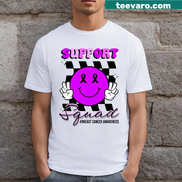 Smiley face graphic promoting breast cancer awareness on a t-shirt