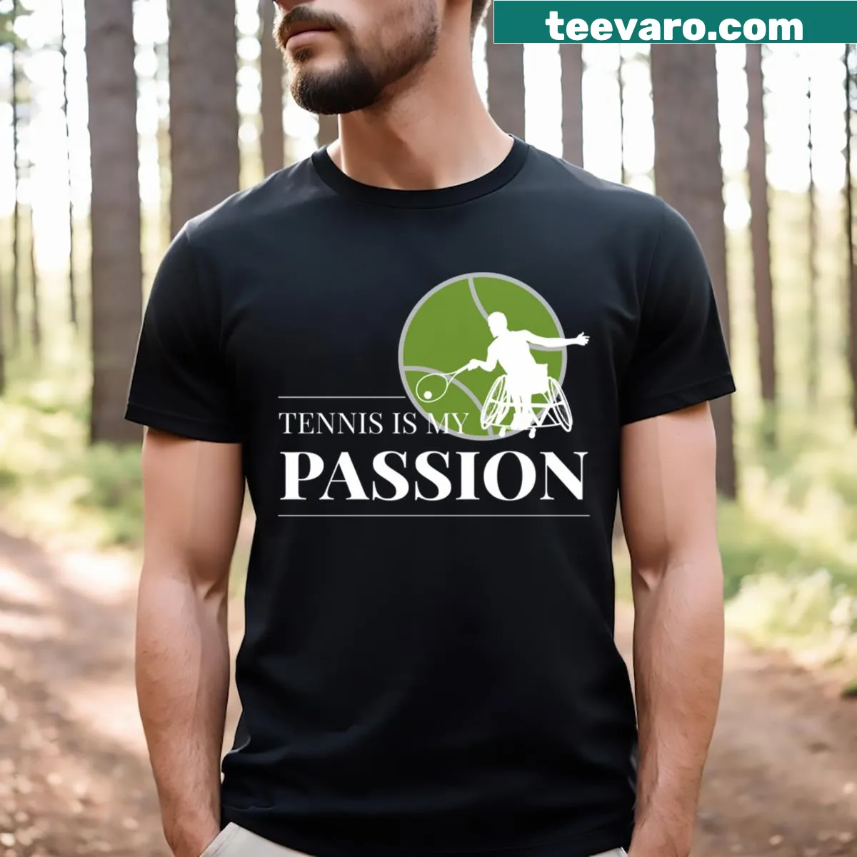 Inspirational wheelchair tennis t-shirt design emphasizing passion for the sport. — on a men's t-shirt