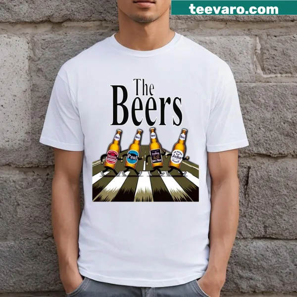 Whimsical t-shirt inspired by The Beers Abbey Road album cover.