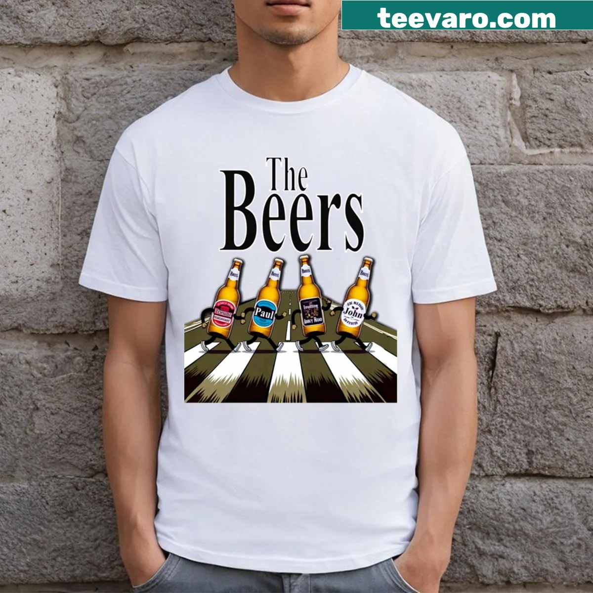 Whimsical t-shirt inspired by The Beers Abbey Road album cover. — on a men's t-shirt
