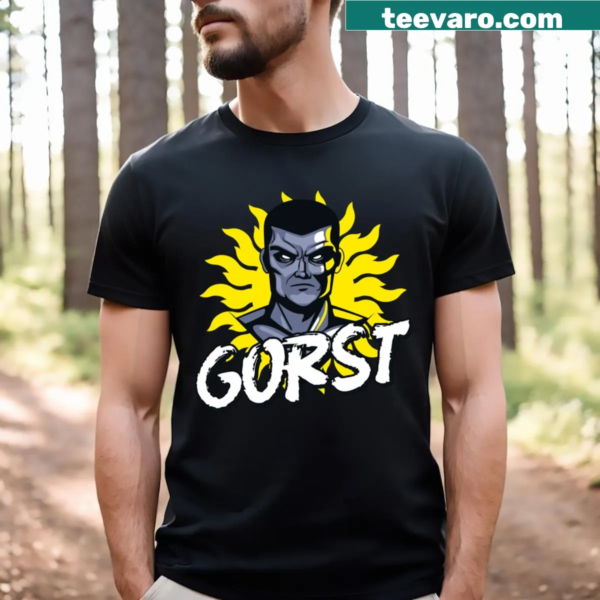 Bold graphic T-shirt featuring Gorst in an action pose — on a men's t-shirt
