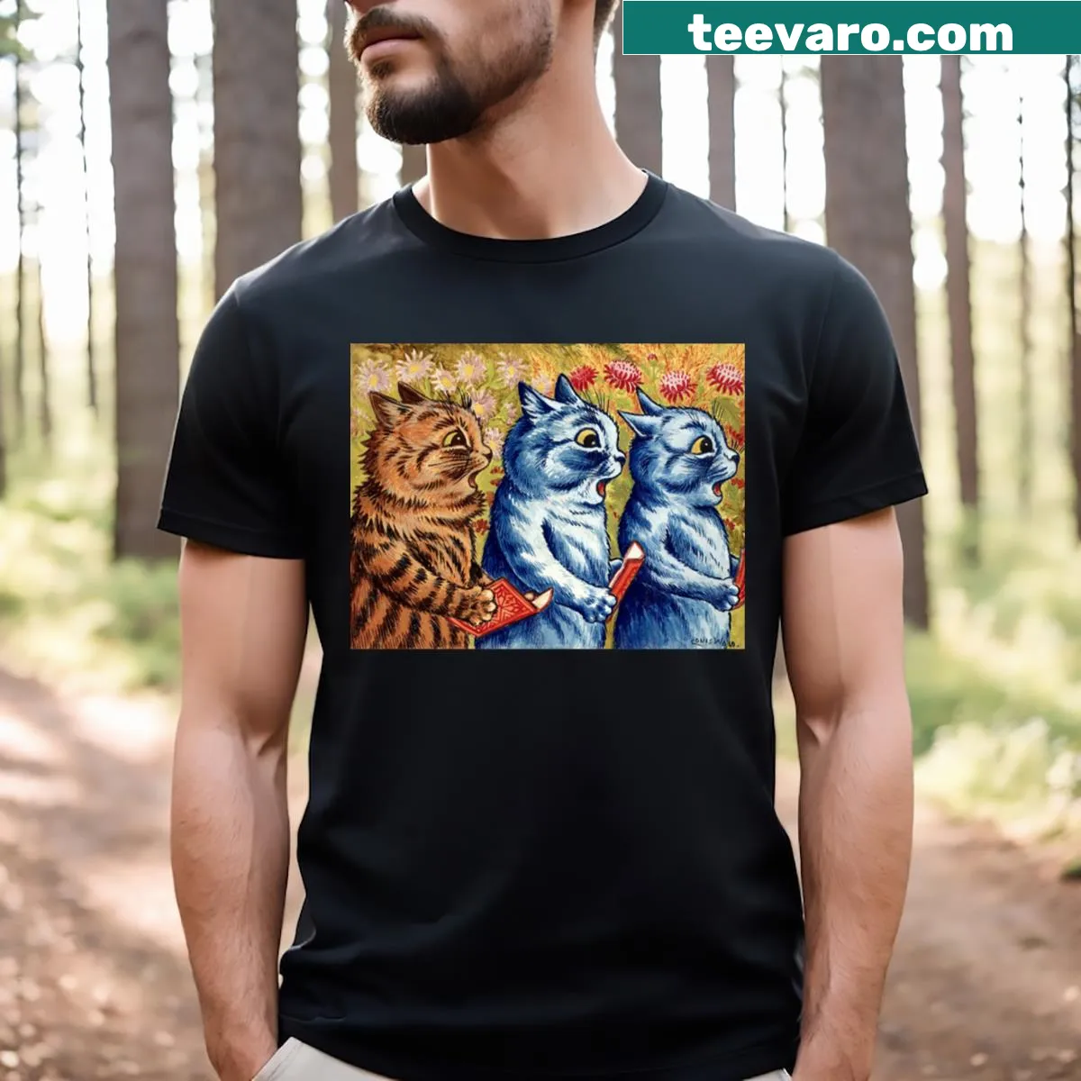 Illustrative t-shirt featuring three singing cats inspired by Louis Wain — on a men's t-shirt