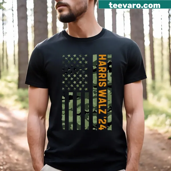 Camouflage American Flag T-shirt supporting Tim Walz 2024