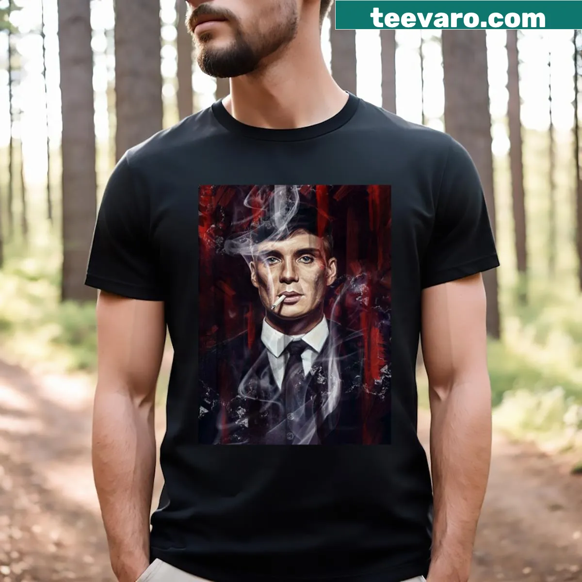 Essential typography design representing Tommy Shelby on a t-shirt — on a men's t-shirt