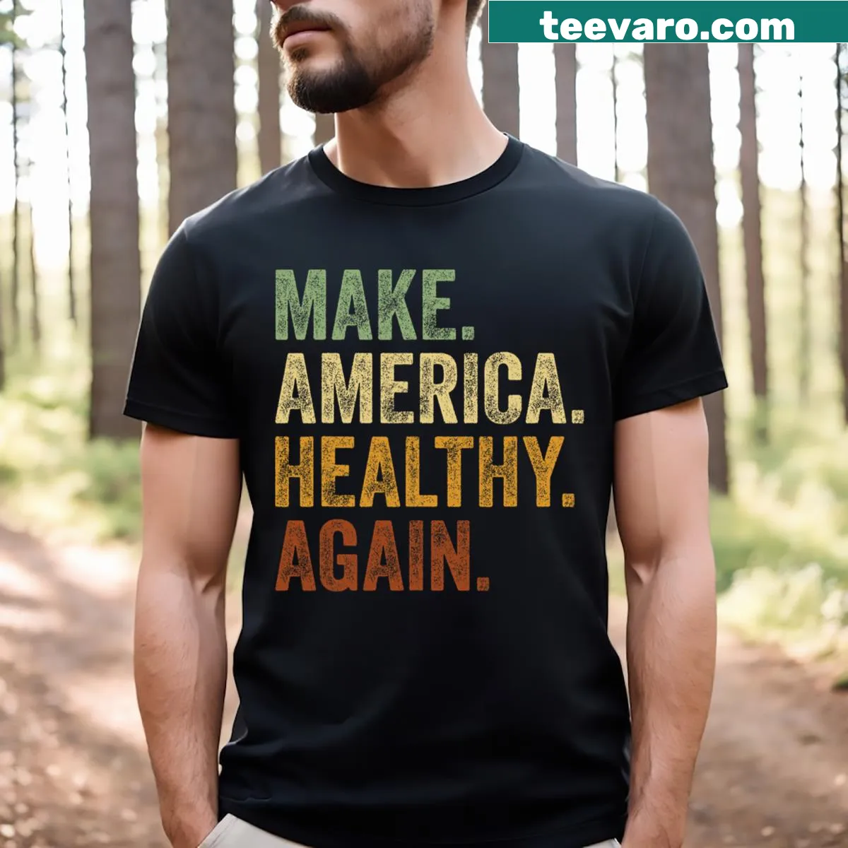 Patriotic tee featuring 'Trump Kennedy Maha Make America Healthy Again' text — on a men's t-shirt