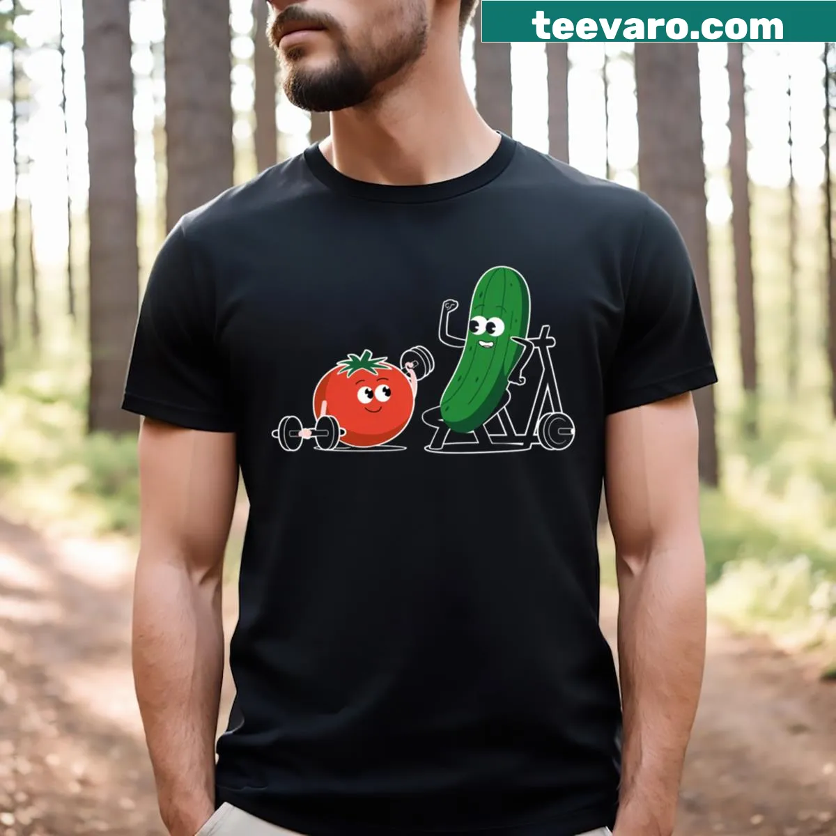 Veggie Tales characters illustrated in a gym setting on a T-shirt. — on a men's t-shirt
