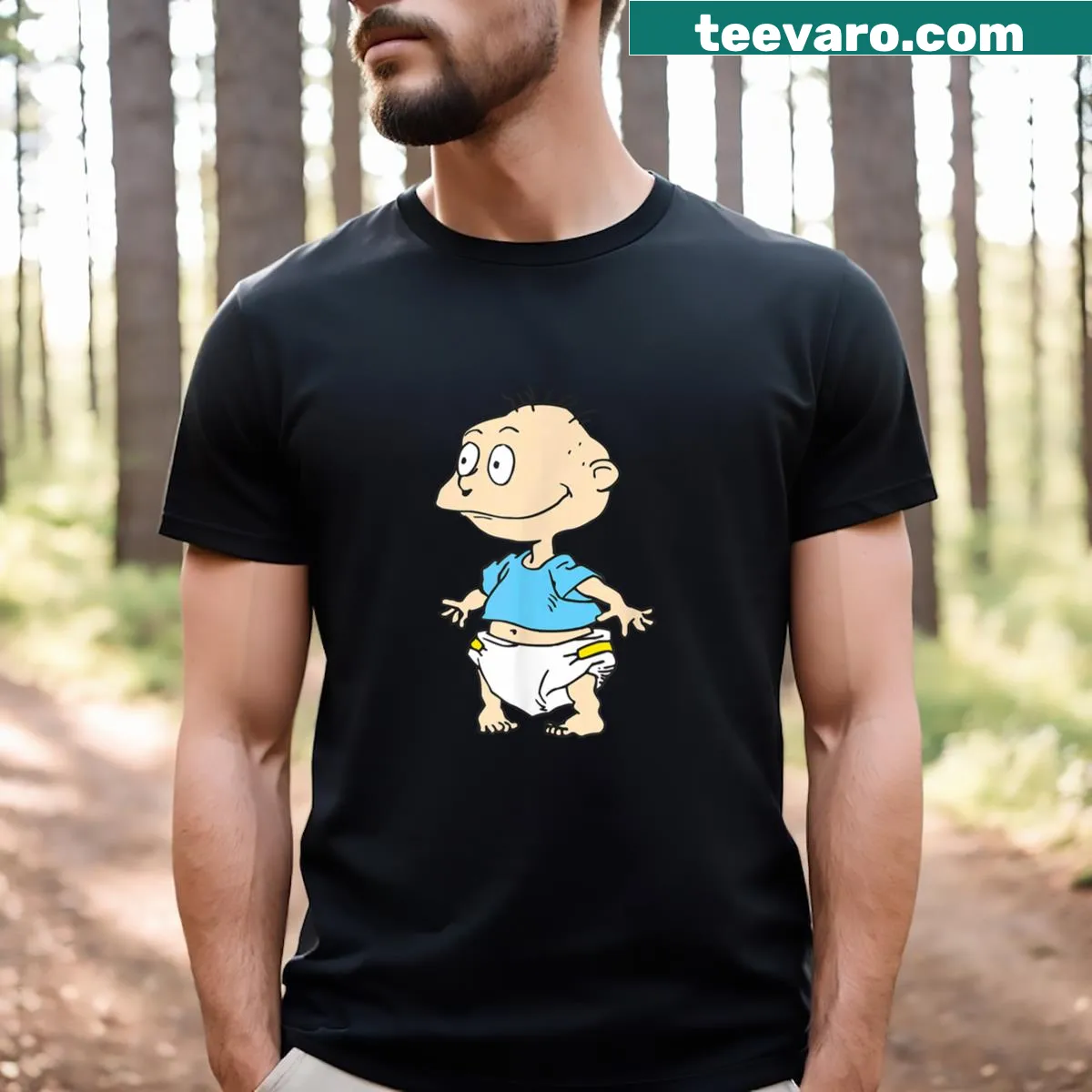 Cartoon T-shirt featuring a cute baby boy in a diaper — on a men's t-shirt
