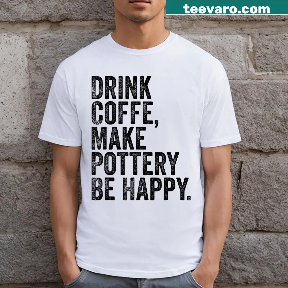 Retro T-shirt with humorous design about coffee and pottery. — on a men's t-shirt